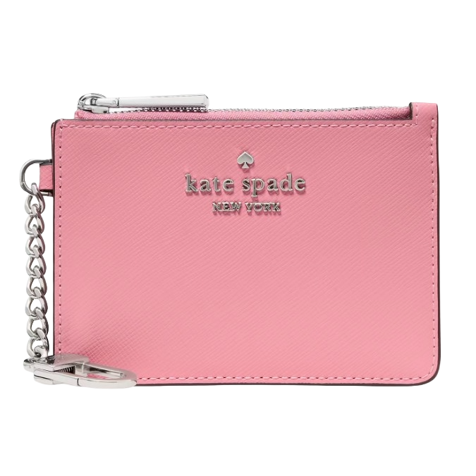 A pink Kate Spade New York coin pouch with a silver zipper and keychain. The brand logo is embossed on the front.