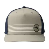 Gray and navy baseball cap with striped design and circular fish logo on the front panel.