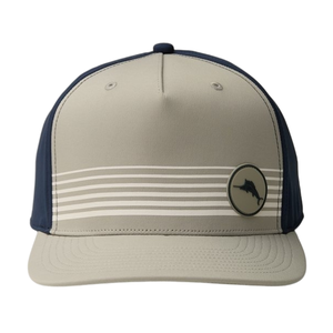 Gray and navy baseball cap with striped design and circular fish logo on the front panel.