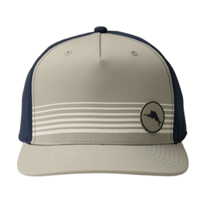 Gray and navy baseball cap with striped design and circular fish logo on the front panel.