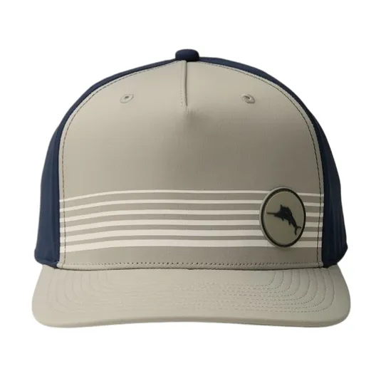 Gray and navy baseball cap with striped design and circular fish logo on the front panel.
