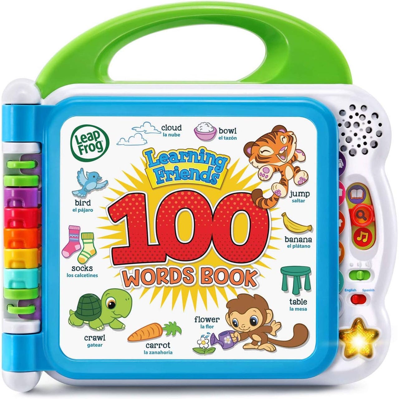 LeapFrog Learning Friends 100 Words Book features interactive pages that teach vocabulary words in English and Spanish, with buttons for sounds and music. It's designed with colorful illustrations and a sturdy handle for easy carrying.