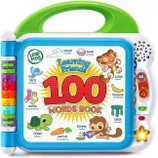 LeapFrog Learning Friends 100 Words Book features interactive pages that teach vocabulary words in English and Spanish, with buttons for sounds and music. It's designed with colorful illustrations and a sturdy handle for easy carrying.