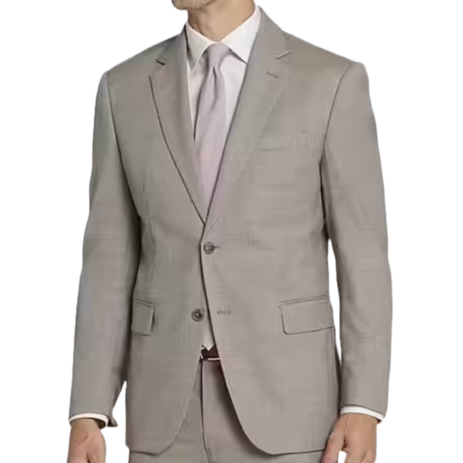 A men's light gray suit jacket from Jos. A. Bank, featuring a single-breasted design with two buttons, notched lapels, and flap pockets. It's paired with a white dress shirt and a light pink tie.