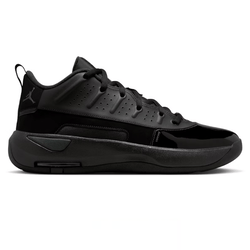 A black athletic sneaker featuring a low-top design, perforated detailing, and the Jumpman logo on the heel.