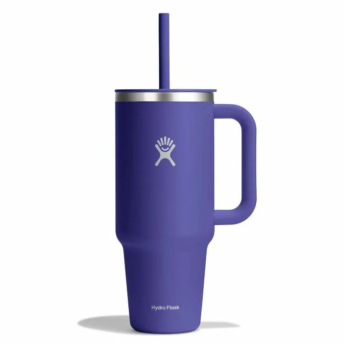 Hydro Flask 40 oz Travel Tumbler in blue with a handle, straw, and stainless steel rim, featuring a logo on the front.