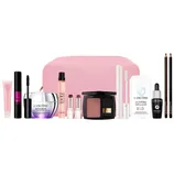 A collection of Lancôme beauty products displayed with a pink makeup bag, including mascara, Rénergie cream, Idôle fragrance, blush, UV Expert sunscreen, Génifique serum, lipsticks, eyeliner pencils, and a gloss.
