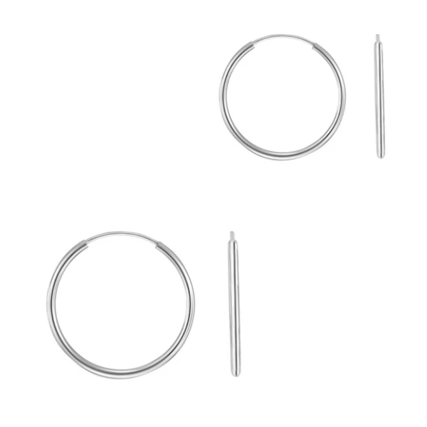 A 2-pack of silver hoops, each hoop featuring a simple, classic design with detachable bars for secure fastening.