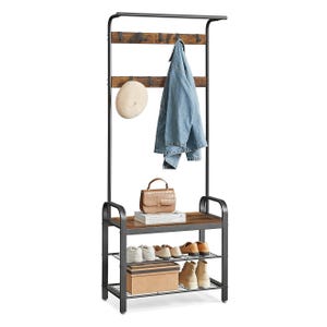 A hall tree with a metal frame and rustic wooden accents includes hooks for hanging, a shelf for accessories, and two lower racks for shoes. A denim jacket, hat, handbag, books, shoes, and a box are displayed.