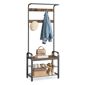A hall tree with a metal frame and rustic wooden accents includes hooks for hanging, a shelf for accessories, and two lower racks for shoes. A denim jacket, hat, handbag, books, shoes, and a box are displayed.
