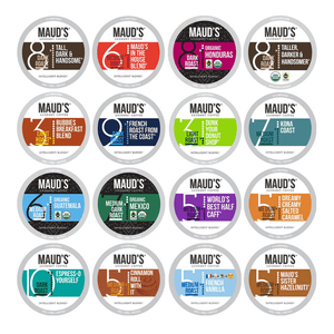 This image shows a variety of Maud's Coffee Pods in a 40-count pack, featuring different flavors and roasts such as organic, dark, hazelnut, and French roast.