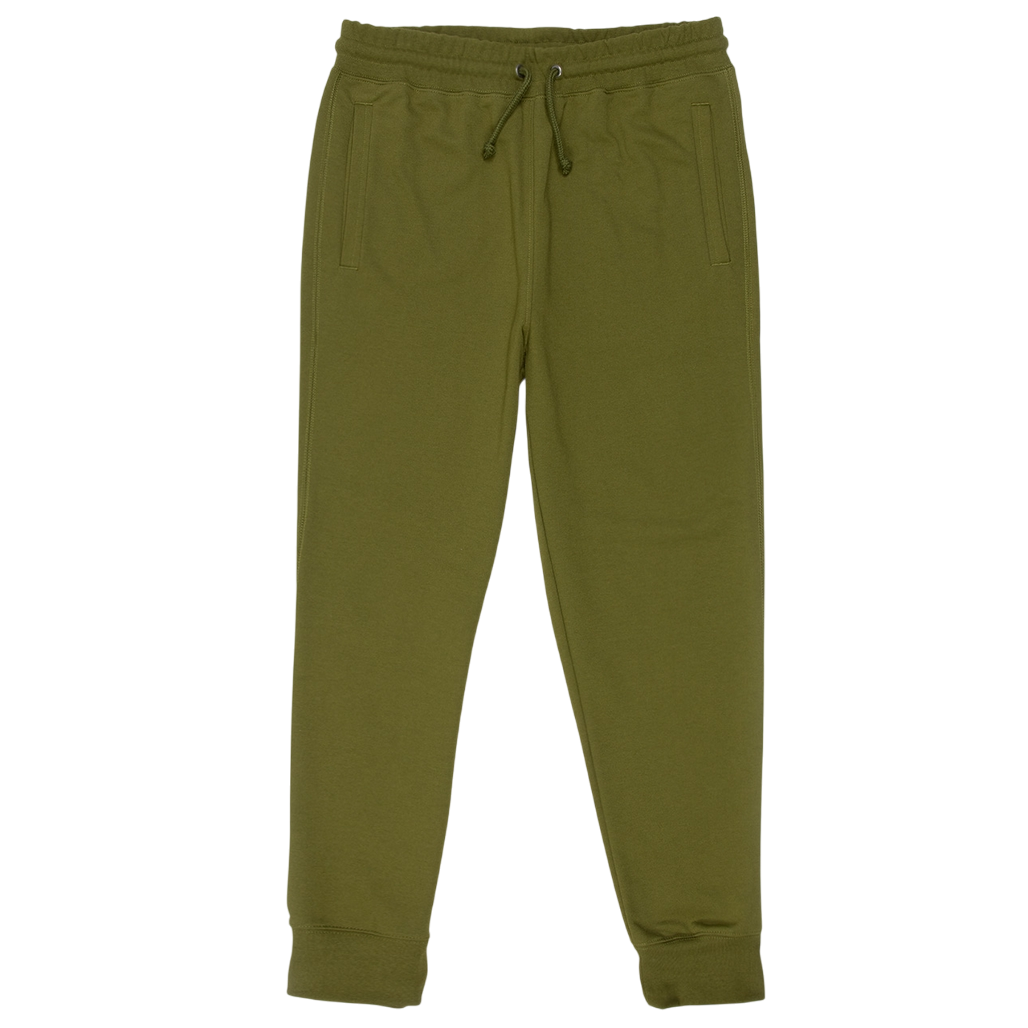 Olive green jogger pants with an elastic waistband, drawstring, and two side pockets.