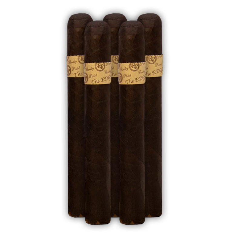Five dark-wrapped cigars with beige bands labeled \“Rocky Patel The Edge.\“