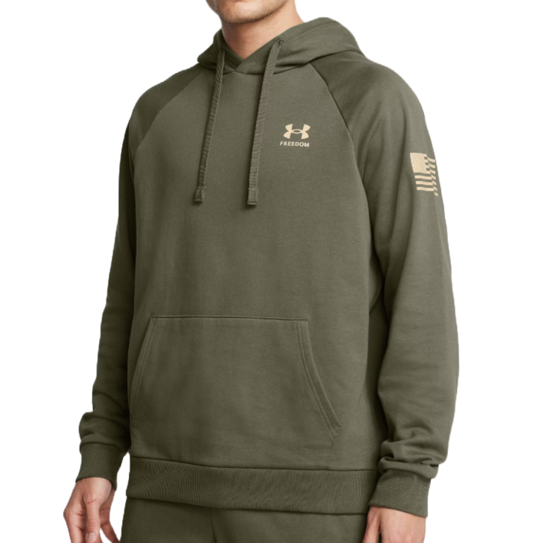 A green Under Armour hoodie featuring the brand's logo and \“Freedom\“ text on the chest with a stylized American flag on the sleeve.