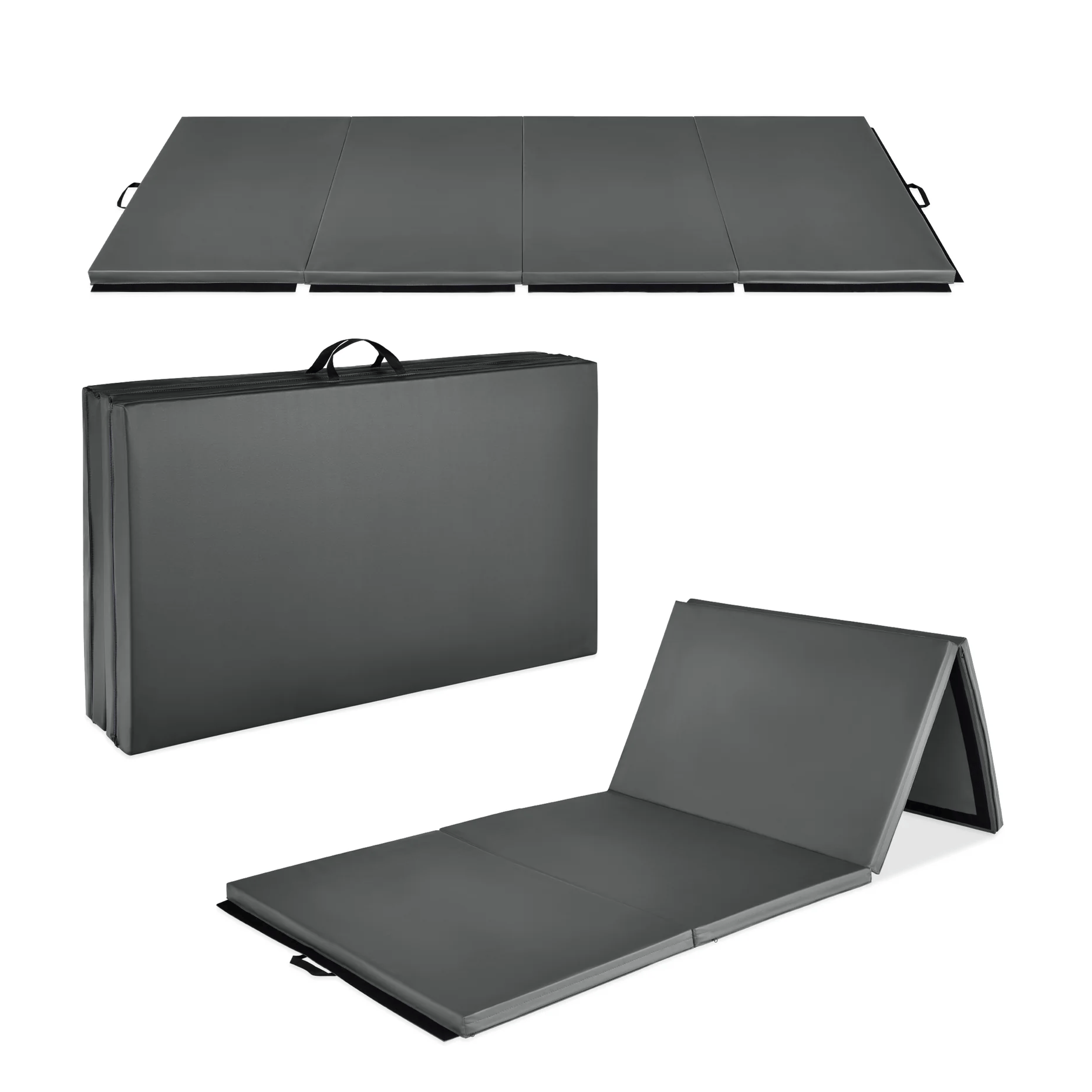 Foldable exercise mat shown in gray, with three panels. It folds into a compact carry case with handles for easy transport.