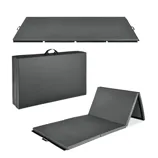 Foldable exercise mat shown in gray, with three panels. It folds into a compact carry case with handles for easy transport.