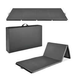 Foldable exercise mat shown in gray, with three panels. It folds into a compact carry case with handles for easy transport.