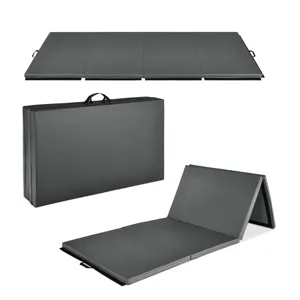 Foldable exercise mat shown in gray, with three panels. It folds into a compact carry case with handles for easy transport.