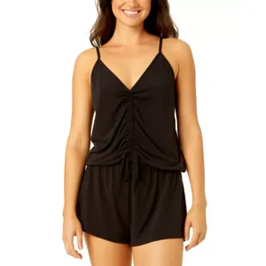 Black sleeveless romper with a drawstring ruched top and relaxed shorts.