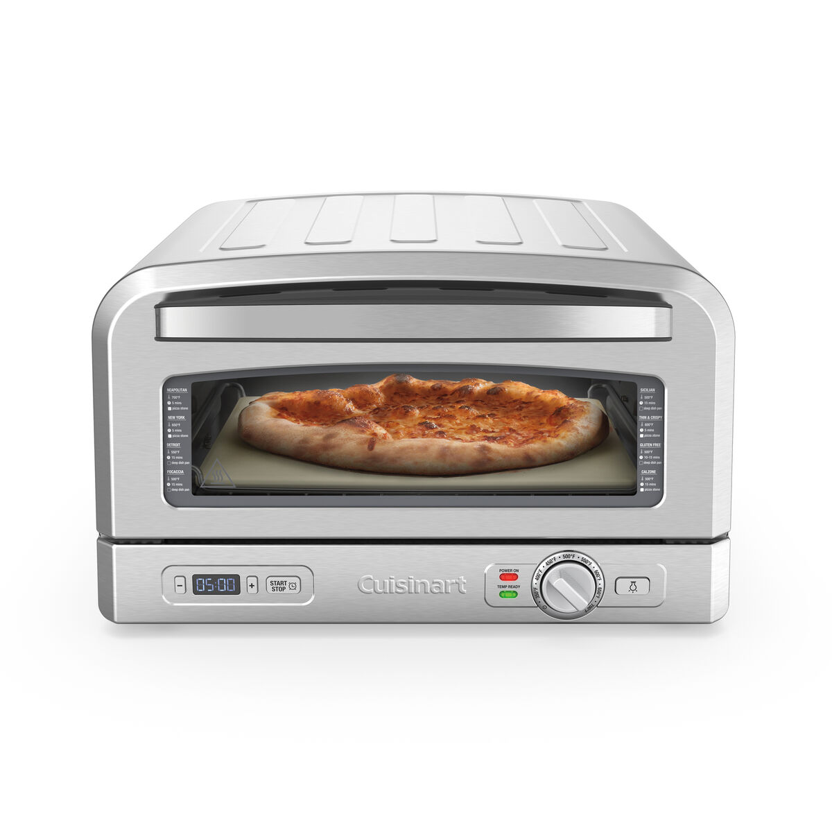 A compact Cuisinart toaster oven with a pizza being cooked inside, featuring digital controls and a viewing window.