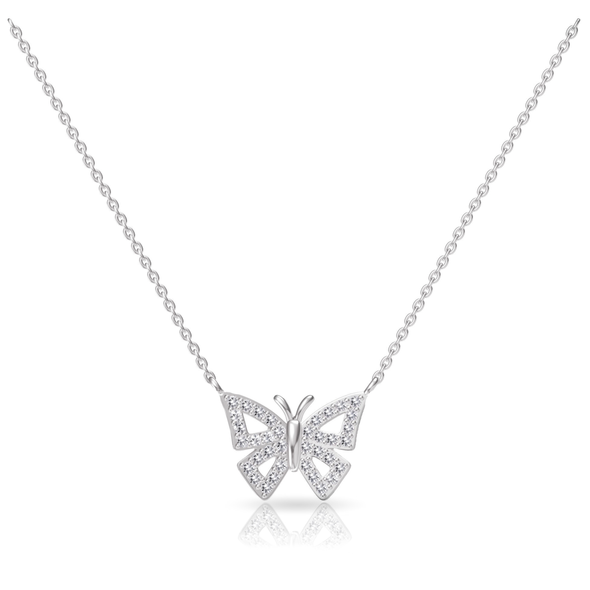 A silver butterfly pendant with a chain, featuring intricate detailing and studded with tiny crystals.