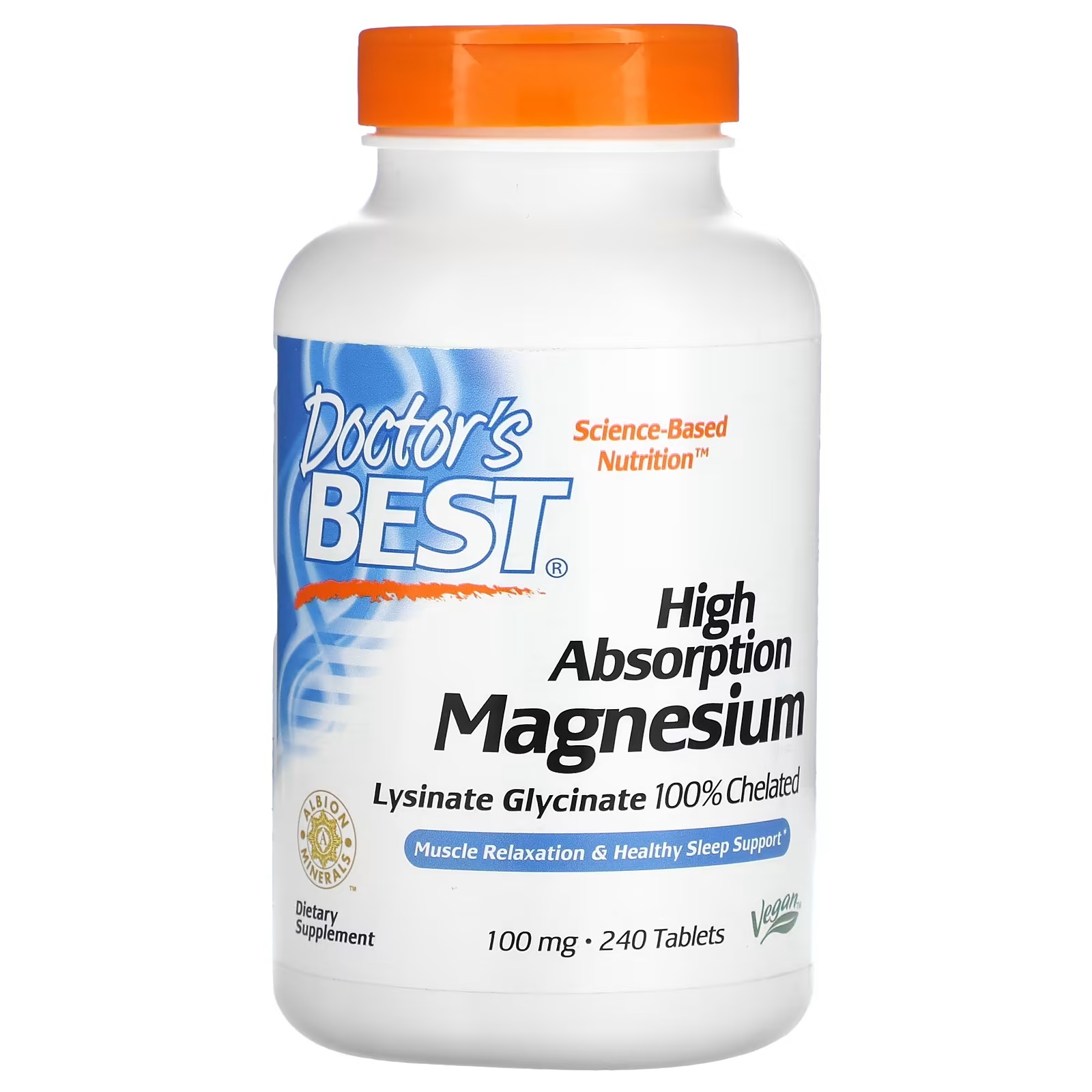 Doctor's Best High Absorption Magnesium, 100 mg, 240 tablets, dietary supplement for muscle relaxation and sleep support, vegan.