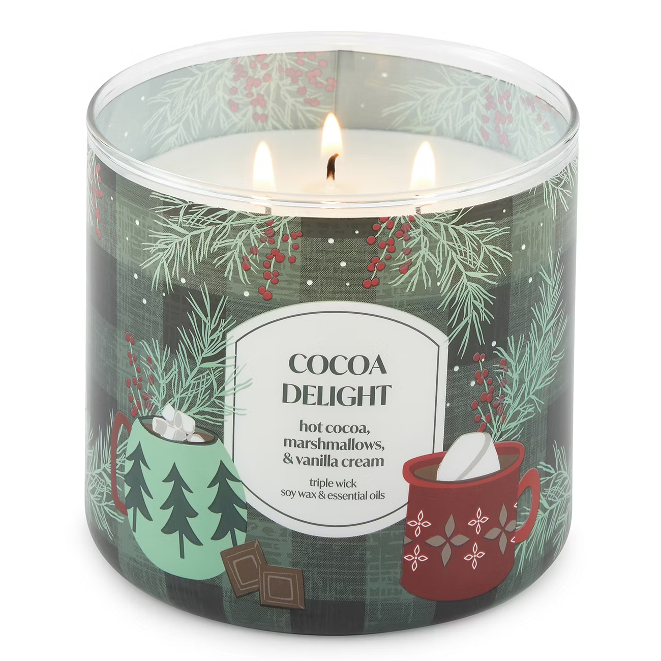 Cocoa Delight candle with a triple wick features scents of hot cocoa, marshmallows, and vanilla cream. The design includes festive mugs and pine branches.