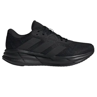 All-black Adidas running shoe with Cloudfoam cushioning, featuring a mesh upper and three stripes on the side.
