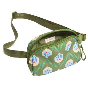 Green floral waist bag with an adjustable strap and front zipper pocket, featuring a Vera Bradley label.