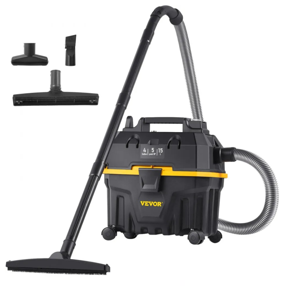 A VEVOR wet/dry vacuum cleaner with a 15-liter (4-gallon) capacity, including various attachments like a floor nozzle, crevice tool, and dust brush.