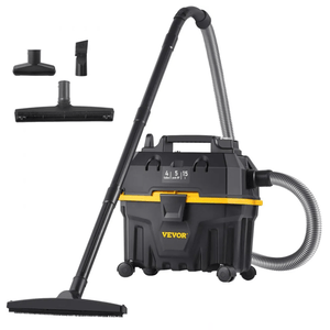 A VEVOR wet/dry vacuum cleaner with a 15-liter (4-gallon) capacity, including various attachments like a floor nozzle, crevice tool, and dust brush.