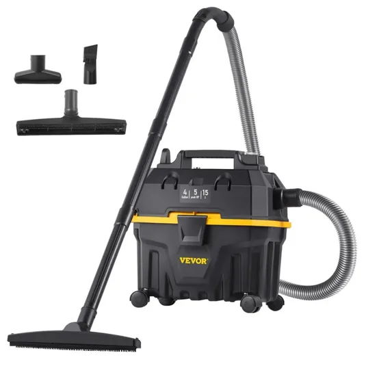 A VEVOR wet/dry vacuum cleaner with a 15-liter (4-gallon) capacity, including various attachments like a floor nozzle, crevice tool, and dust brush.