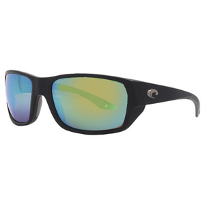 Black wrap-around sunglasses with yellow-green mirrored lenses and a logo on the temple.