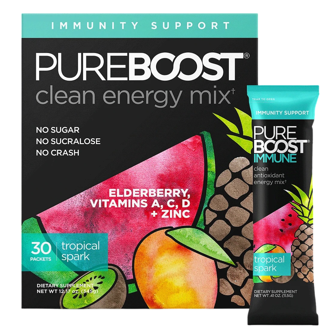 PureBoost clean energy mix offers immunity support with no sugar or sucralose, featuring elderberry, vitamins A, C, D, and zinc. The tropical spark flavor comes in a pack of 30 sachets.