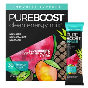 PureBoost clean energy mix offers immunity support with no sugar or sucralose, featuring elderberry, vitamins A, C, D, and zinc. The tropical spark flavor comes in a pack of 30 sachets.