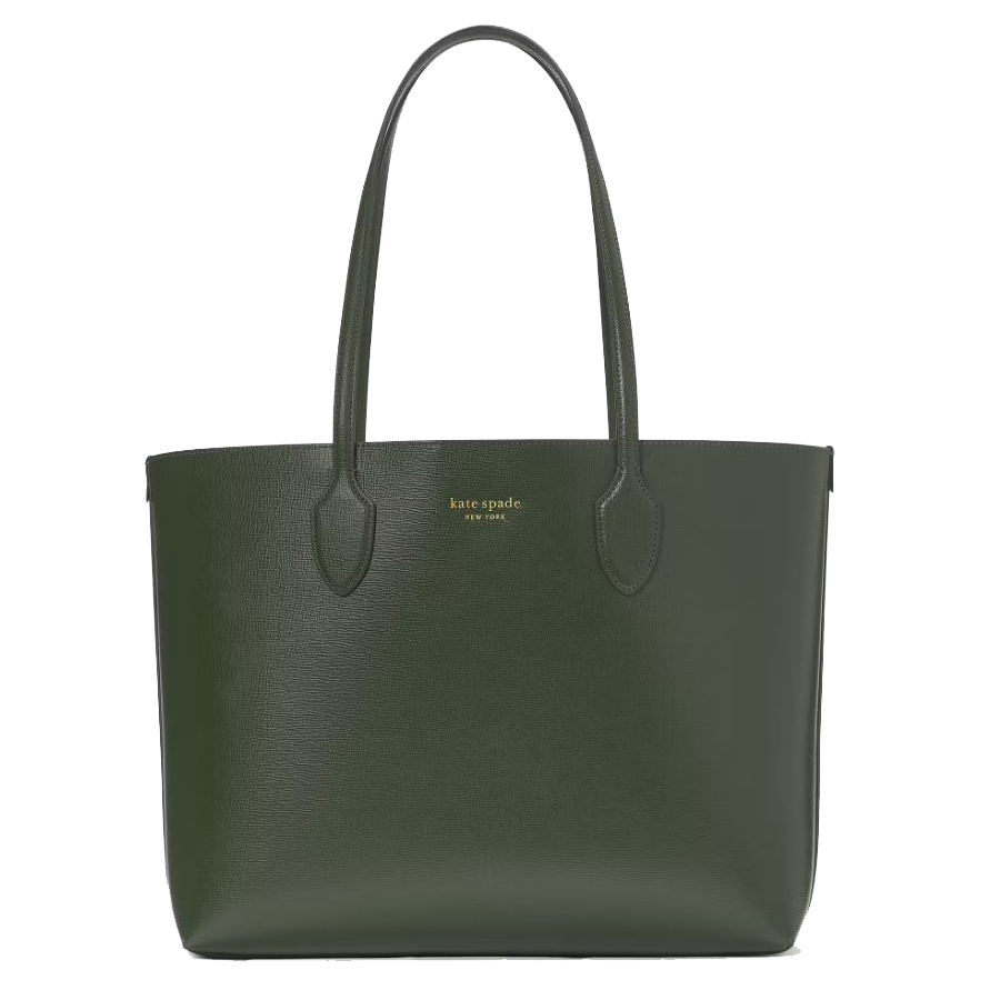 A dark green tote bag with long handles and \“kate spade new york\“ printed in gold lettering on the front.