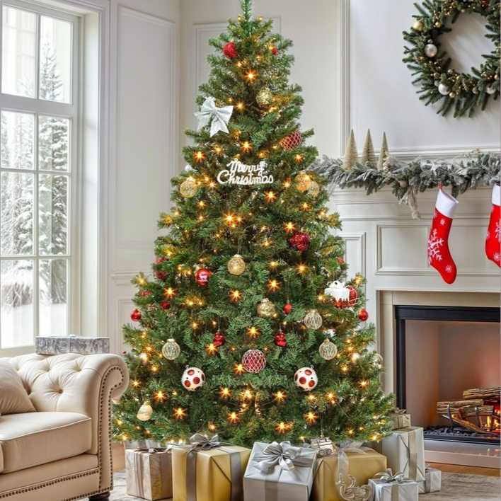 A decorated Christmas tree with lit ornaments stands beside a fireplace adorned with stockings. Wrapped gifts lie beneath the tree in a cozy, festively decorated living room.