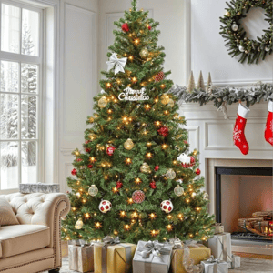 A decorated Christmas tree with lit ornaments stands beside a fireplace adorned with stockings. Wrapped gifts lie beneath the tree in a cozy, festively decorated living room.