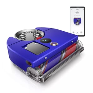 A blue robotic vacuum cleaner with a digital interface, equipped with a roller brush and camera. It is paired with a smartphone app for cleaning management.