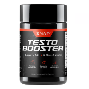 SNAP Testo Booster Capsules contain D-Aspartic Acid and 14 plants and vitamins, promoting muscle mass, supporting sex drive, and maximizing performance. The bottle contains 60 capsules and is labeled as a dietary supplement.