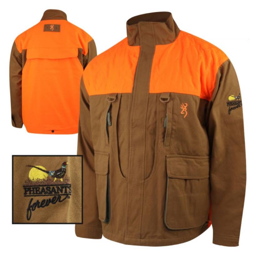 A Browning hunting jacket in brown with high-visibility orange panels, multiple pockets, and a 'Pheasants Forever' logo patch.