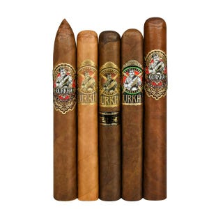 Five Gurkha cigars in different wrappers and sizes, each with distinct labels.