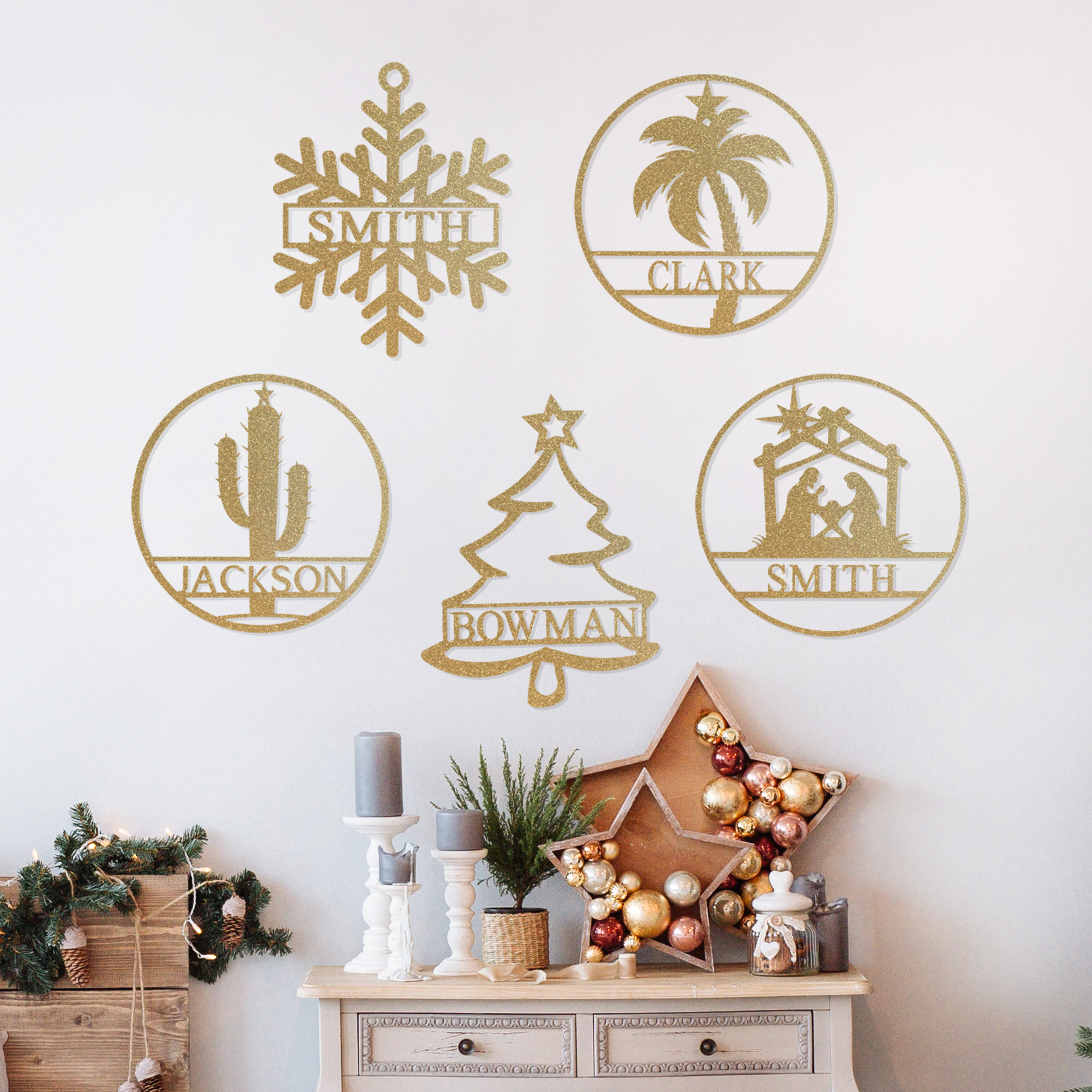 Circular wall signs, each featuring a different holiday-themed design—snowflake, palm tree, cactus, Christmas tree, nativity scene—and personalized with a family name.