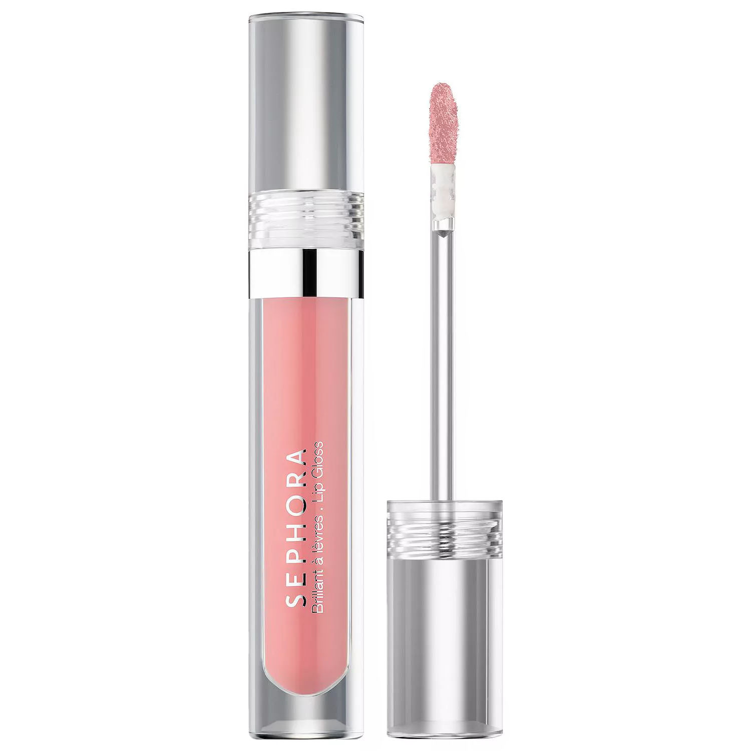 Sephora Lip Gloss in a clear tube with silver cap and pink gloss visible, featuring a wand applicator with a sponge tip.