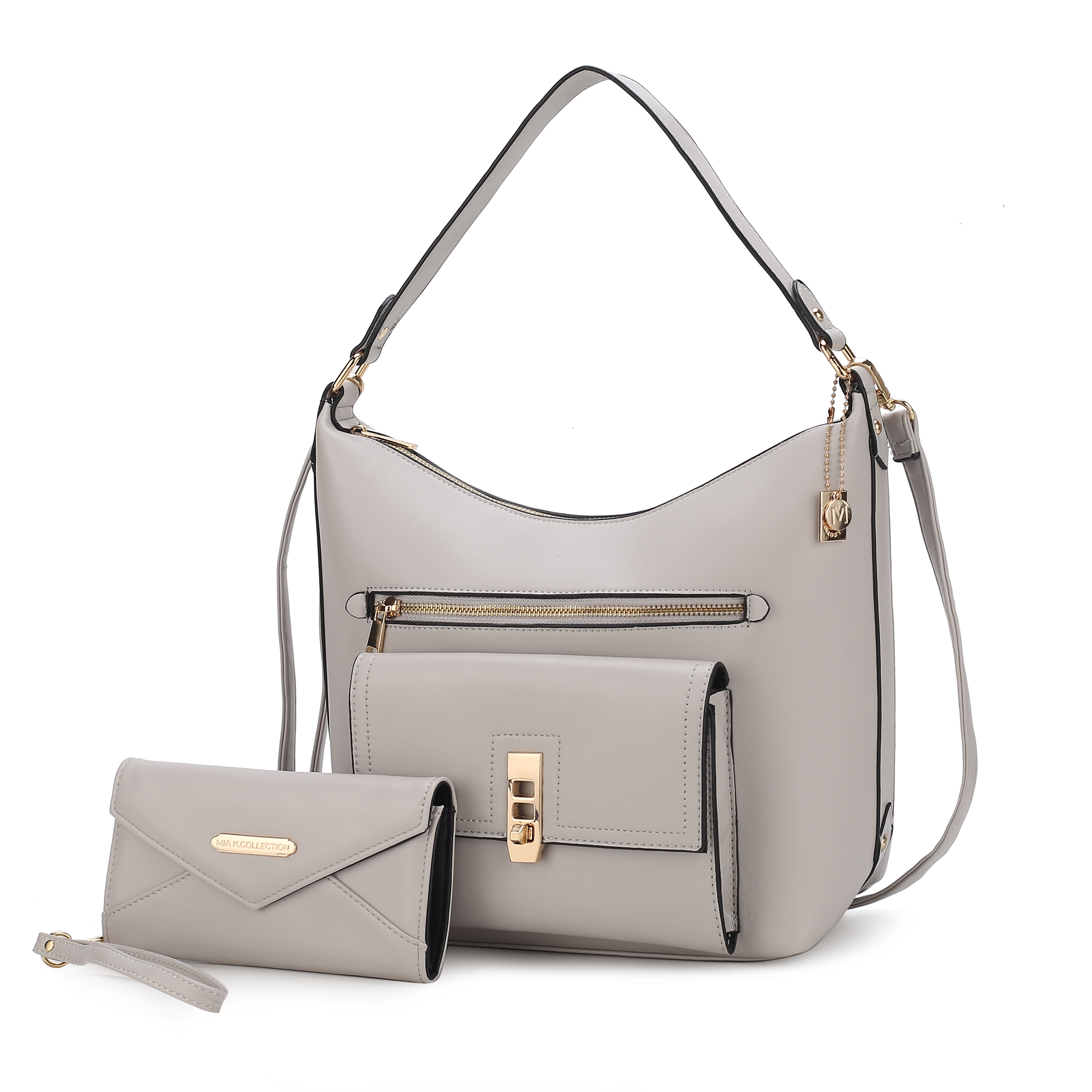 A light gray handbag with a gold-accented zipper and front pocket, paired with a matching wallet that features a flap closure and a wrist strap.