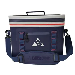 A blue soft-sided cooler bag with a shoulder strap and handle, featuring the Buckland logo on the front.