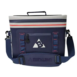 A blue soft-sided cooler bag with a shoulder strap and handle, featuring the Buckland logo on the front.