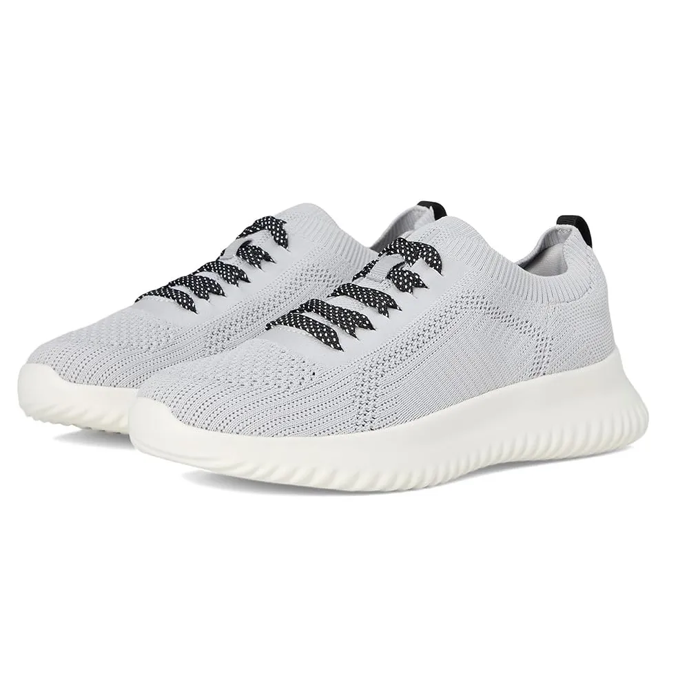 A pair of light gray athletic sneakers featuring a knitted texture, ribbed sole, and black-accented laces.