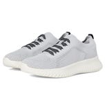 A pair of light gray athletic sneakers featuring a knitted texture, ribbed sole, and black-accented laces.