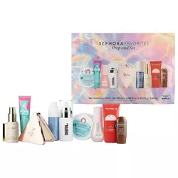 Sephora Favorites Prep and Set kit includes a variety of skincare and makeup products such as primers, setting sprays, and creams from brands like Benefit, Summer Fridays, By Mario, and others.